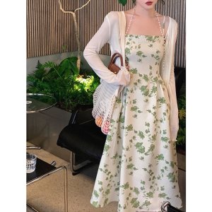 2022 Phụ nữ mùa hè hoa Sling Dress Midi Skirt + Cardigan chống nắng dài tay váy-2