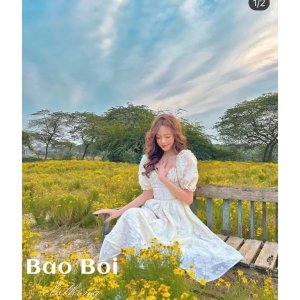 Váy hoa oranga cổ phối bèo tay bồng bo eo dáng xoè siêu xinh (kèm ảnh thật)-6