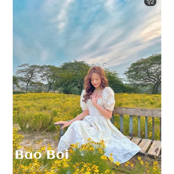 Váy hoa oranga cổ phối bèo tay bồng bo eo dáng xoè siêu xinh (kèm ảnh thật)-6