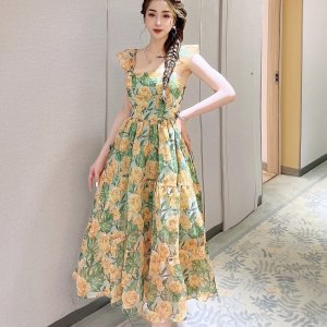 Váy hoa cổ vuông dáng xòe LAMINU thiết kế, đầm nữ dáng dài, voan 2 lớp đi biển, đi chơi-8