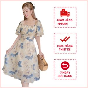 Váy hoa thiết kế Zumin cổ vuông/trễ vai chất liệu vải voan tơ 2 lớp cao cấp, váy đi biển, maxi đi biển ZMS-VAY07-2