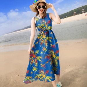 ☞Phong cách dân tộc dài Ngọt ngào đi nghỉ bên bờ biển Váy sling Dress ~ Cotton Cổ tròn Thả eo A-Line Váy hoa-5