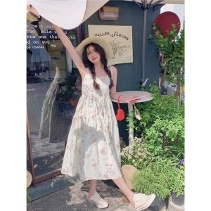 Váy dây 🌸 Đầm maxi dáng dài hoa nhí màu đỏ hồng in hình dáng xoè phong cách Hàn Quốc Ulzzang PHULA-3