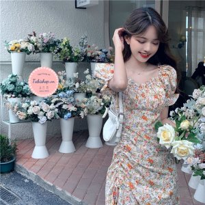 Đầm hoa nhí vintage xẻ tà cho nữ bánh bèo, váy tiểu thư bẹt vai rút dây phong cách ulzzang đi tiệc đi chơi siêu xinh-5