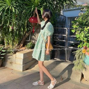 [Hàng sẵn] VÁY DREAMY dáng babydoll nơ lưng hoa nhí xanh mint ullzang-3