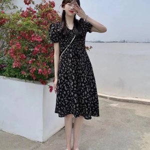 Đầm Dài Tay Phồng Cổ Chữ V In Họa Tiết Hoa Tươi Mới Phong Cách Hàn Quốc Dành Cho Nữ 2022 váy dài váy thời trang nữ-8