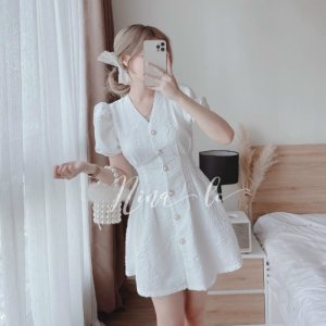 Váy trắng hở lưng chất gấm xốp in hoa nổi đầm dự tiệc-5