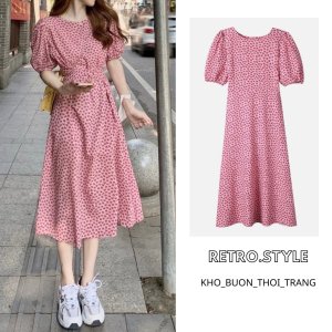 Váy tim ulzzang dáng dài cổ tròn voan tơ - Đầm hoa nhí Vintage Vaytimhong-1