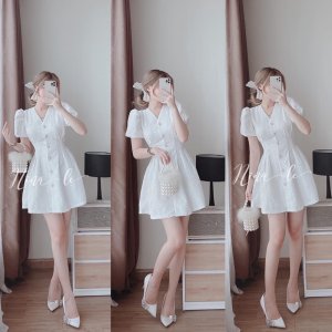 Váy trắng hở lưng chất gấm xốp in hoa nổi đầm dự tiệc-1