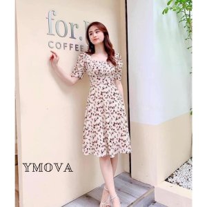 váy hoa nhí cao cấp hoa hồng tay bồng ,đầm cổ vuông kiểu dáng vintage phong cách Ulzzang VCR-2