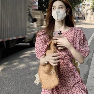 Váy tim ulzzang dáng dài cổ tròn voan tơ - Đầm hoa nhí Vintage Vaytimhong-4