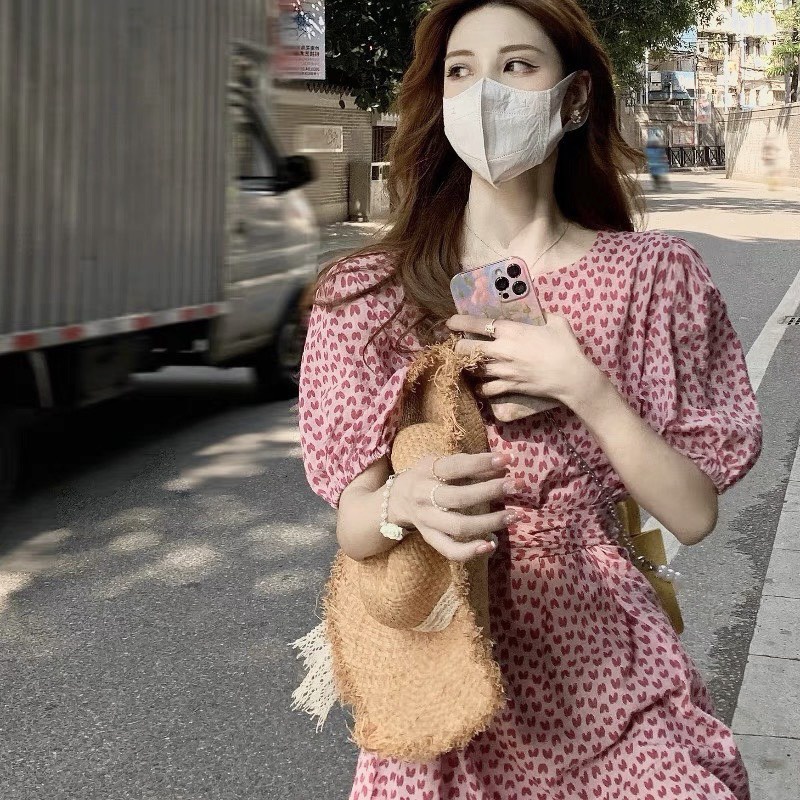 Váy tim ulzzang dáng dài cổ tròn voan tơ - Đầm hoa nhí Vintage Vaytimhong-4