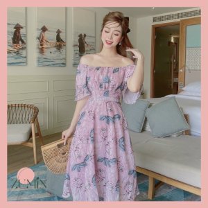 Váy hoa thiết kế Zumin cổ vuông/trễ vai chất liệu vải voan tơ 2 lớp cao cấp, váy đi biển, maxi đi biển ZMS-VAY07-6