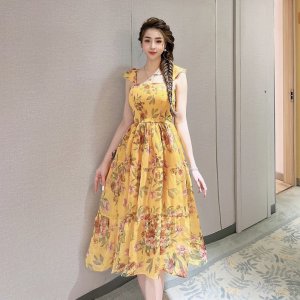 Váy hoa cổ vuông dáng xòe LAMINU thiết kế, đầm nữ dáng dài, voan 2 lớp đi biển, đi chơi-3