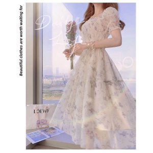 Pháp mực váy voan tay phồng tay áo eo thon gọn phụ nữ tính khí váy hoa-4