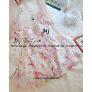 Váy hoa tiểu thư tay bồng cổ vuông phối hoa hồng-4