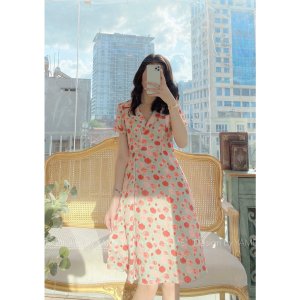 Váy đầm hoa hồng cổ vest hai màu xanh, hồng chất vải hoa xốp cao cấp 2 lớp đi chơi đi du lịch YAME-2