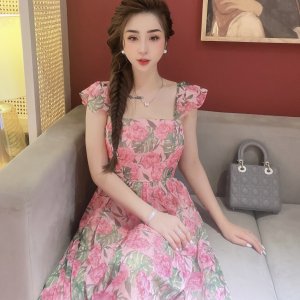 Váy hoa cổ vuông dáng xòe LAMINU thiết kế, đầm nữ dáng dài, voan 2 lớp đi biển, đi chơi-6