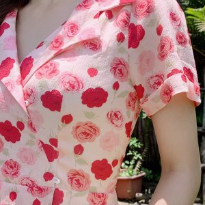 Váy đầm hoa hồng cổ vest hai màu xanh, hồng chất vải hoa xốp cao cấp 2 lớp đi chơi đi du lịch YAME-9