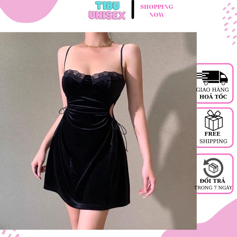 Đầm Nhung Phối Ren Hoa Tibu, đầm dự tiệc Thiết Kế Hở Lưng Quyến Rũ-1
