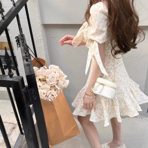 [Hàng sẵn] VÁY HOA NHÍ CỘC TAY NƠ TAY NƠ NGỰC ĐUÔI CÁ XOÈ XINH XẮN-5