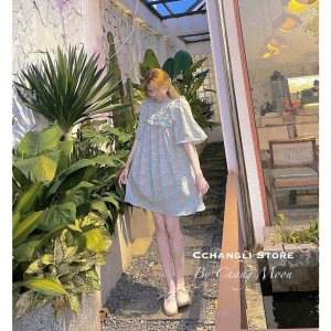 [ảnh thật-sẵn] Váy hoa nhí babydoll tay bồng xếp ly ngực-2