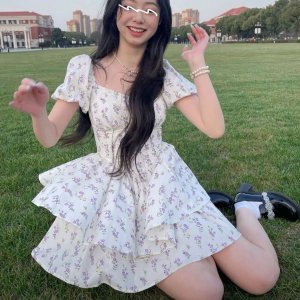 Thời trang in thời cổ vuông váy tay ngắn, váy công chúa ngắn mùa hè-8