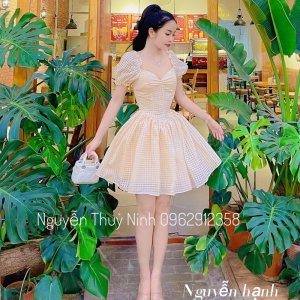 Váy xoè tay bồng hoạ tiết kẻ ô dáng công chúa dự tiệc cực xinh-5