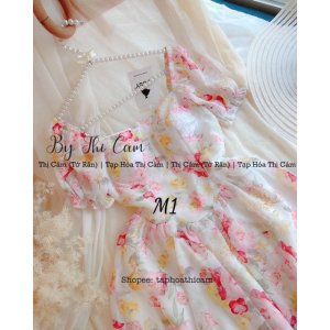 Váy hoa tiểu thư tay bồng cổ vuông phối hoa hồng-5