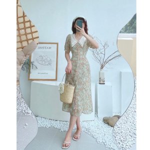 Váy hoa nhí công sở dáng A cổ trắng thanh lịch đính cúc ngọc chất liệu lụa mềm mại thiết kế Evalover-3