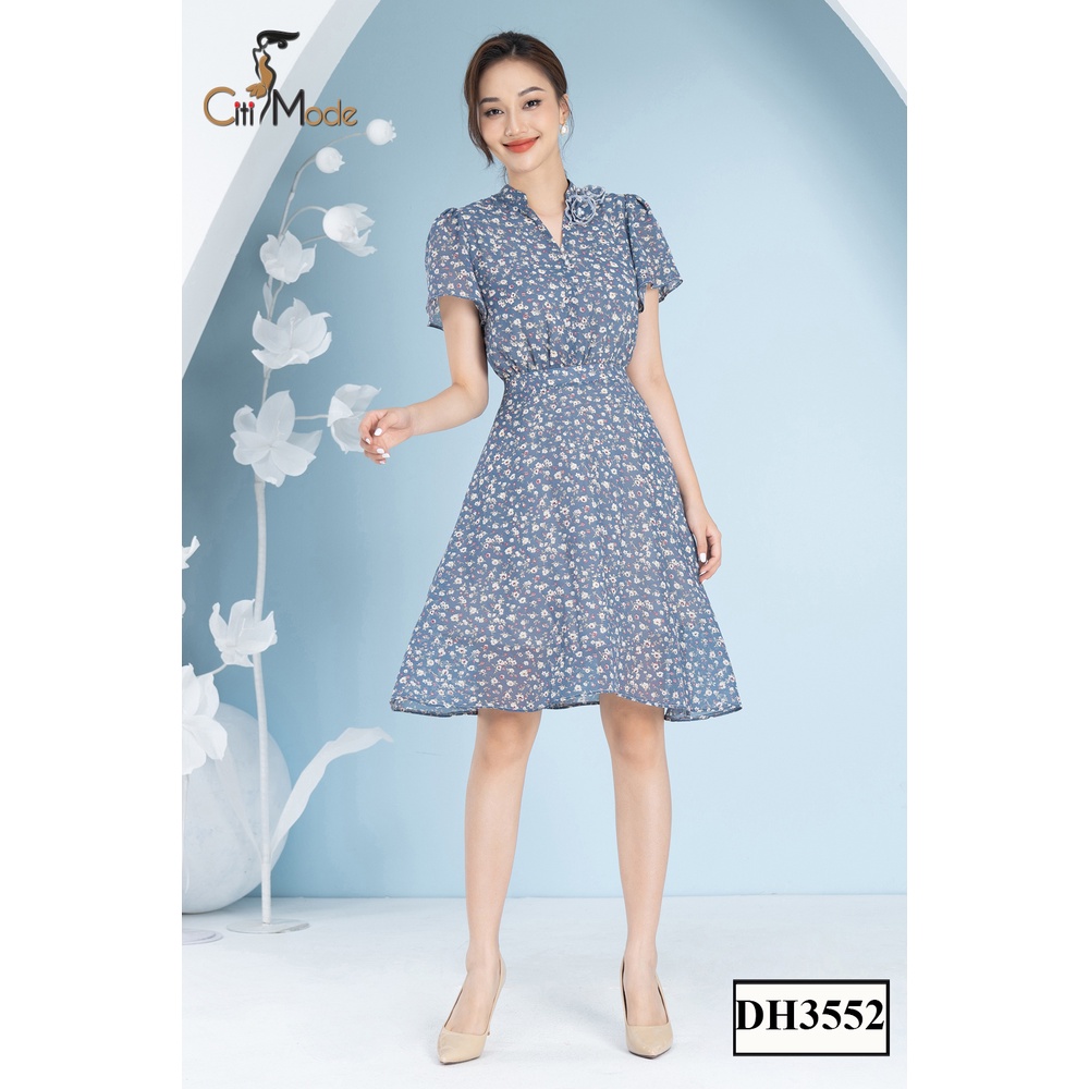 Đầm hoa nhí nữ tím đính hoa cổ CITI MODE chất vải cao cấp 2 lớp DH3552-2