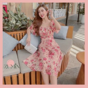Váy hoa thiết kế Zumin cổ vuông/trễ vai chất liệu vải voan tơ 2 lớp cao cấp, váy đi biển, maxi đi biển ZMS-VAY07-9