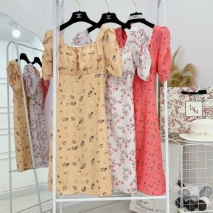 Đầm Hoa Dáng Xòe Thời Trang Mùa Hè Phong Cách Tay Ngắn Cổ Vuông Thanh Lịch Cho Nữ-5