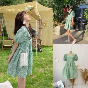 [Hàng sẵn] VÁY DREAMY dáng babydoll nơ lưng hoa nhí xanh mint ullzang-9