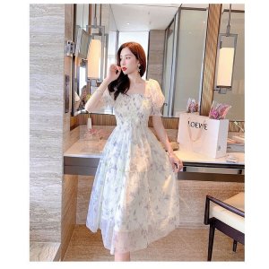 Pháp mực váy voan tay phồng tay áo eo thon gọn phụ nữ tính khí váy hoa-2