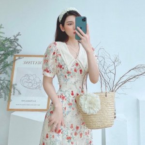 Váy hoa nhí dáng dài công sở cao cấp cổ đức eo nhấn đai cúc ngọc chất liệu mềm mịn 2 lớp thiết kế-1