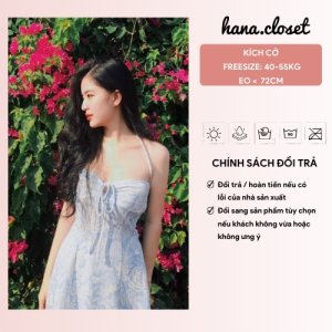 Đầm xanh nền hoa khoen cúp ngực váy nữ đi tiệc cổ yếm phong cách thời trang-2