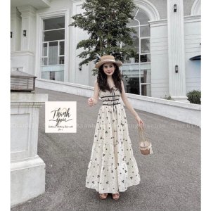 VÁY HOA NHÍ ĐEN 2S NỀN KEM KÈM NƠ ĐEN-1