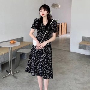 Đầm Dài Tay Phồng Cổ Chữ V In Họa Tiết Hoa Tươi Mới Phong Cách Hàn Quốc Dành Cho Nữ 2022 váy dài váy thời trang nữ-6