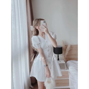 Váy trắng hở lưng chất gấm xốp in hoa nổi đầm dự tiệc-2