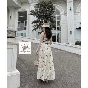 VÁY HOA NHÍ ĐEN 2S NỀN KEM KÈM NƠ ĐEN-4