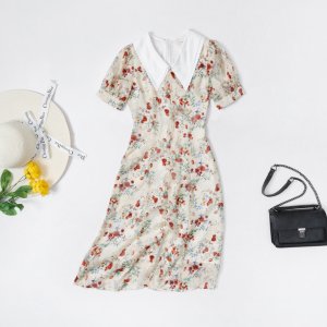 Váy hoa nhí dáng dài công sở cao cấp cổ đức eo nhấn đai cúc ngọc chất liệu mềm mịn 2 lớp thiết kế-3