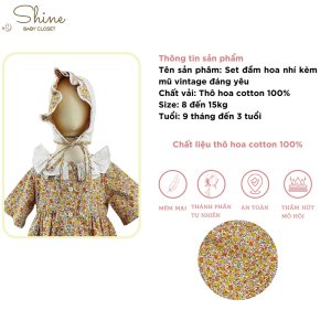 Set váy hoa cho bé gái Shine Baby Closet kèm nón bonet kiểu dáng vintage đáng yêu với họa tiết hoa nhí màu vàng-2