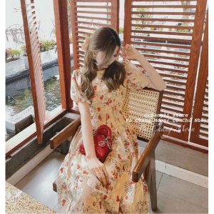 [Hàng thiết kế ] Váy voan hoa nhí vintage tay ngắn bồng xếp ly dài maxi ly ngực tiểu thư sang chảnh-2