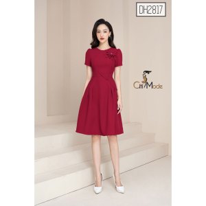 Đầm xòe công sở CITI MODE cao cấp tay ngắn đính hoa ngực-3