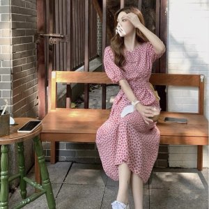 Váy tim ulzzang dáng dài cổ tròn voan tơ - Đầm hoa nhí Vintage Vaytimhong-2