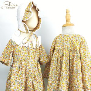 Set 2 váy hoa cho bé gái Shine Baby Closet kèm nón bonet kiểu dáng vintage đáng yêu với họa tiết hoa nhí màu vàng.-5
