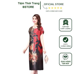 Váy Lụa Trung Niên in Hoa Mẫu Đơn Phối Màu Siêu Đẹp-1