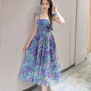 Váy hoa cổ vuông dáng xòe LAMINU thiết kế, đầm nữ dáng dài, voan 2 lớp đi biển, đi chơi-2