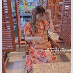 [Hàng thiết kế ] Váy voan hoa nhí vintage tay ngắn bồng xếp ly dài maxi ly ngực tiểu thư sang chảnh-3